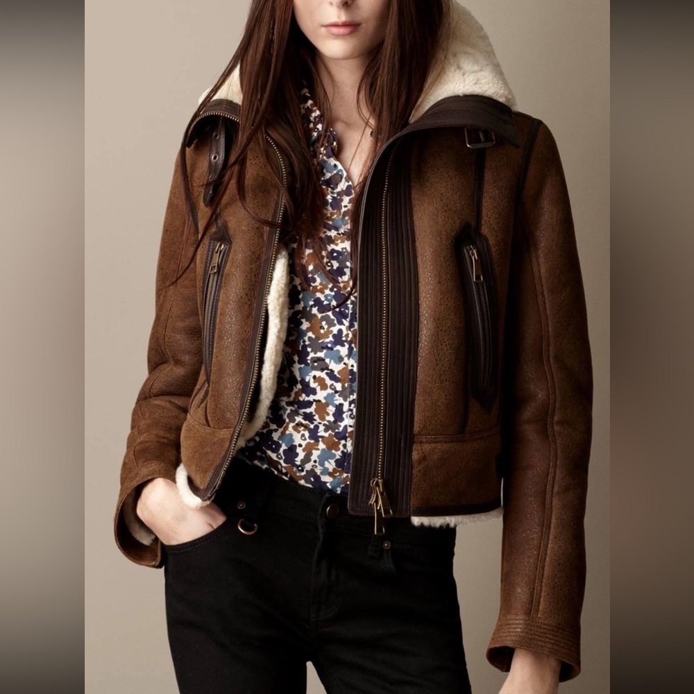 NWT BURBERRY Brit Dark Malt Lambskin Suede And Shearling Duxford Bomber Jacket